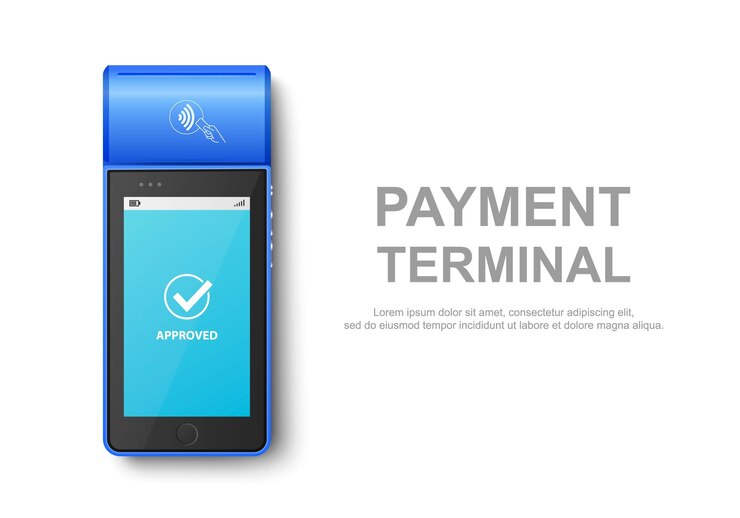 Vector vector 3d realistic blue nfc payment machine with approved status design template