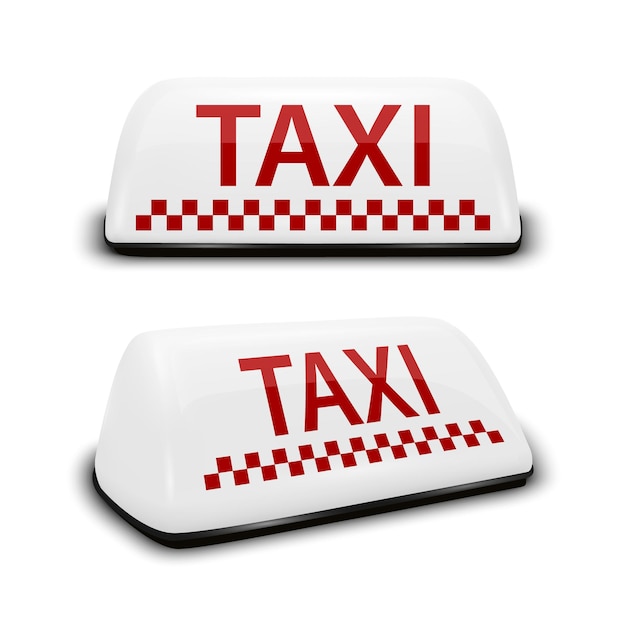 Vector vector 3d realistic taxi car roof sign icon set closeup isolado en blanco blanco y rojo plantilla de diseño de señales de taxi francés para servicio de taxi mockup frente y vista de media vuelta