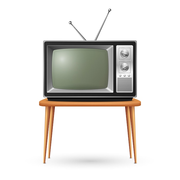 Vector 3d Receptor de TV retro realista en un soporte de mesa de madera Primer plano aislado en blanco Televisor vintage Vista frontal de televisión