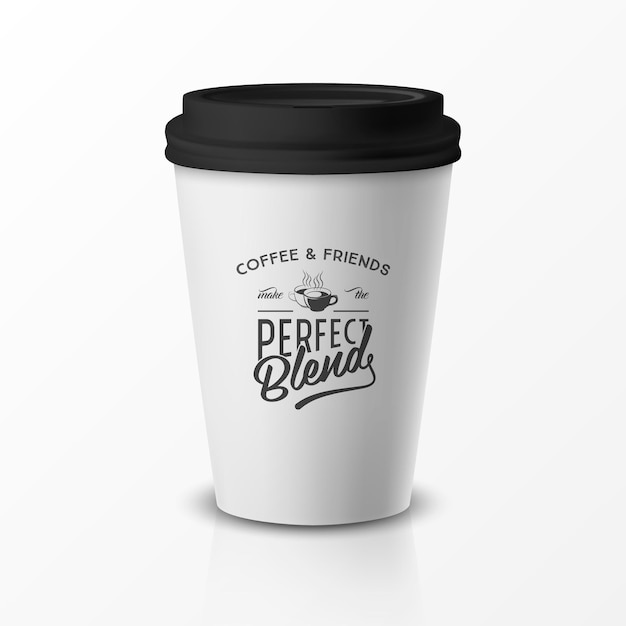 Vector 3d Relistic Paper o Plastic Taza de café blanca desechable con tapa negra Frase de cita sobre Plantilla de diseño de café para Café Restaurante Identidad de marca Mockup Vista frontal