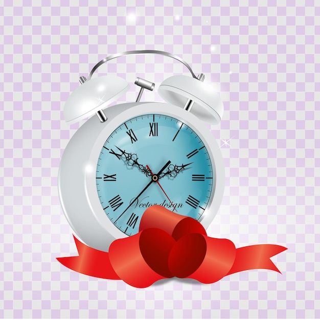 Vector vector 3d reloj despertador blanco realista en destellos con cinta roja banner de plantilla de diseño con reloj despertador con esfera negra sobre fondo azul mockup para marca