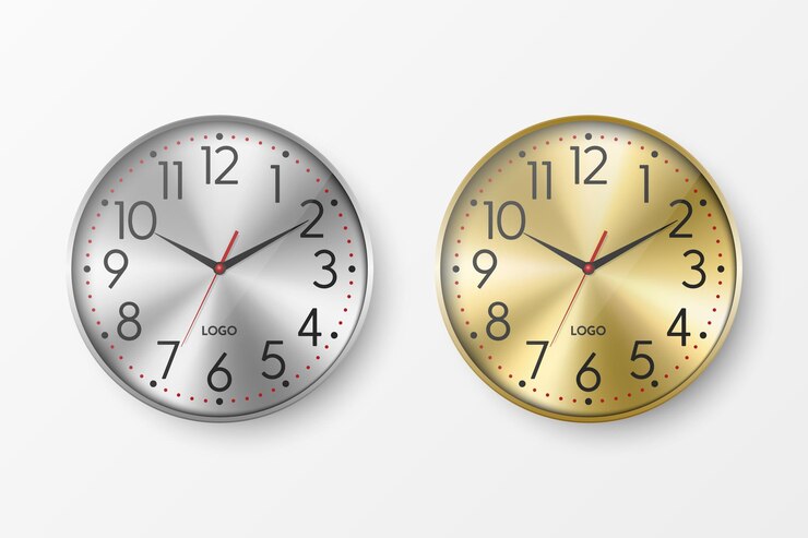 Vector vector 3d reloj de oficina de pared de metal redondo realista con icono de dial de metal conjunto de relojes de metal gris y amarillo relojes de metal de plata, acero y oro modelo de diseño para marcas anunciar vista delantera