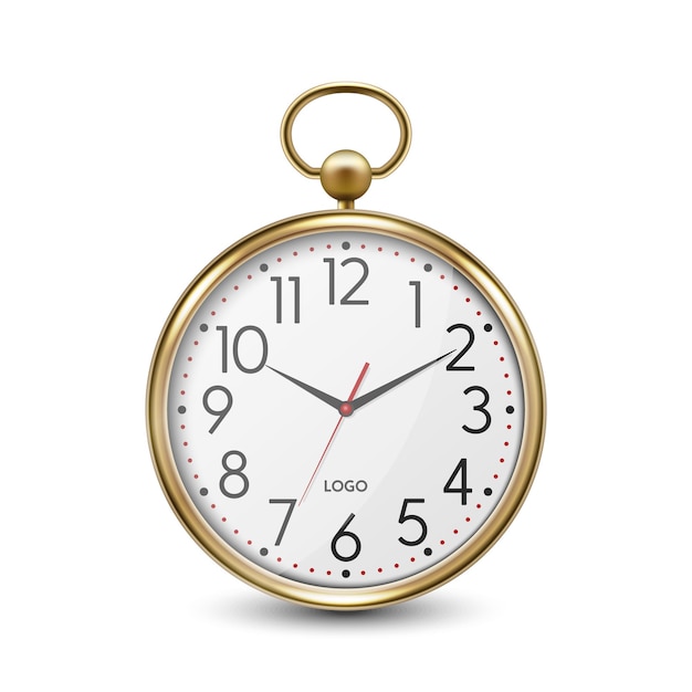 Vector 3d reloj de oficina de pared de oro amarillo de metal redondo sencillo realista