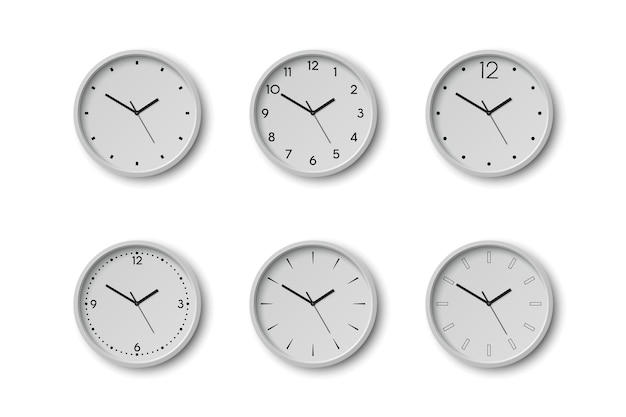 Vector 3d Reloj de oficina de pared redondo con dial de reloj blanco Configurado de primer plano Relojes aislados Modelo de diseño Mockup para marca Anunciar Vector Relojes minimalistas simples Relojes en vista frontal