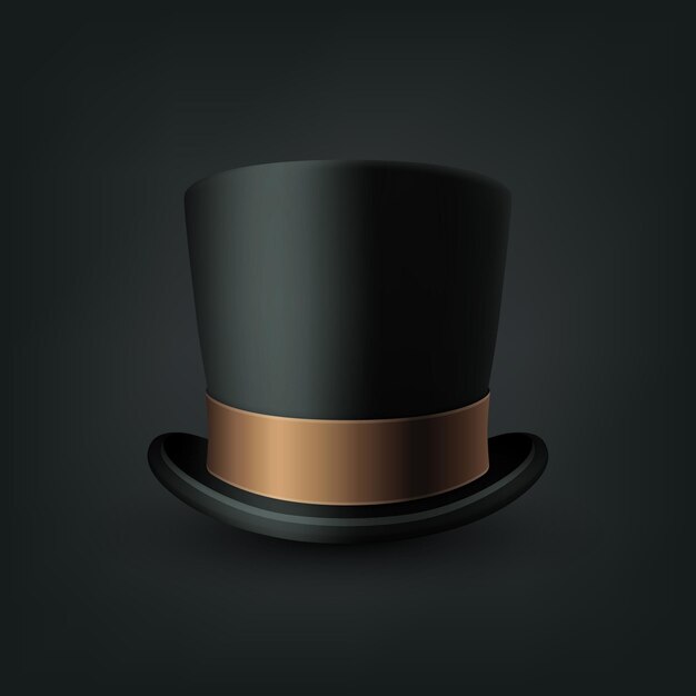 Vector 3d Sombrero negro realista con cinta dorada marrón de primer plano aislado en fondo negro clásico retro sombrero superior vintage vintage caballero sombrero masculino vista delantera
