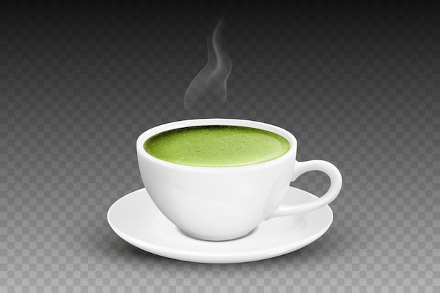 Vector 3d Taza de café con leche de cerámica realista Platillo de taza y primer plano de humo de vapor aislado sobre fondo transparente Plantilla de diseño de Matcha de leche de espuma verde Vista frontal