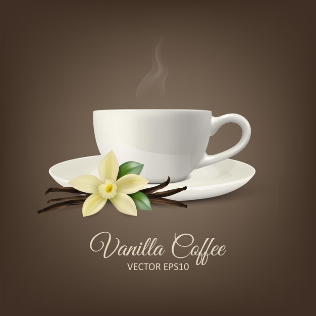 Vector 3d taza de café realista con flor de vainilla fresca perfumada con vainas y hojas de semillas secas