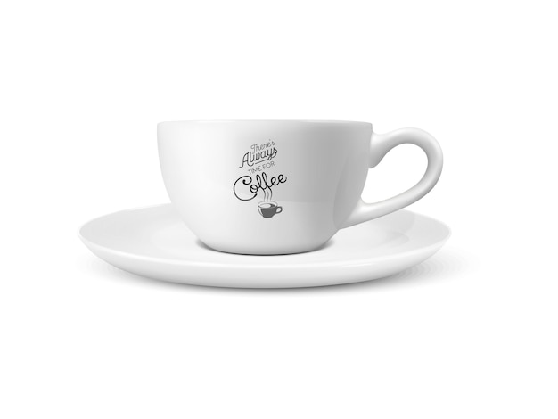 Vector vector 3d taza de cerámica de porcelana blanca realista aislada sobre fondo blanco taza de café de té con frase de cita de tipografía sobre plantilla de diseño de ilustración de stock de café para vista frontal de maqueta