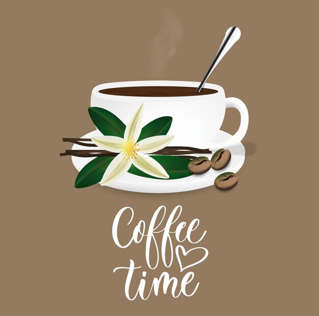 Vector 3d taza de cerámica de porcelana blanca realista café caliente flor de vainilla con humo Cappuccino Latte Stock vector ilustración Diseño