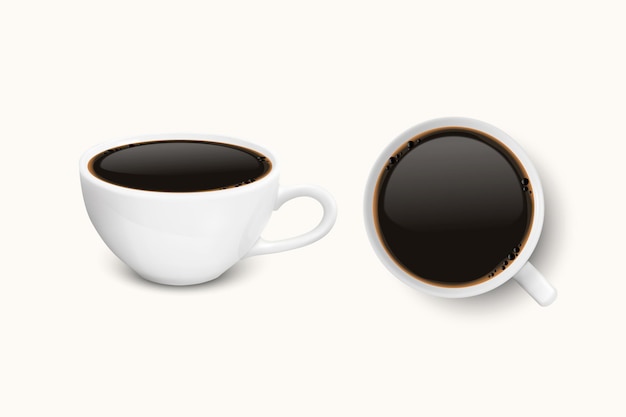 Vector 3d taza de cerámica de porcelana blanca realista con juego de café negro aislado sobre fondo blanco espresso americano stock vector ilustración plantilla de diseño para maqueta vista frontal y superior