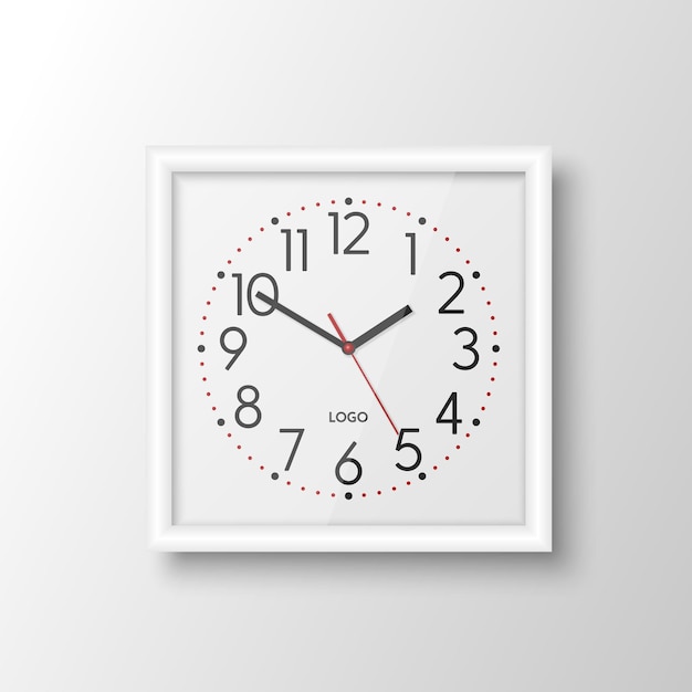 Vector 3d templata de diseño de reloj de oficina de pared cuadrado blanco realista