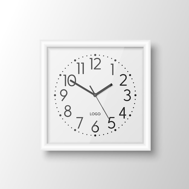 Vector 3d Templata de diseño de reloj de oficina de pared cuadrado blanco realista