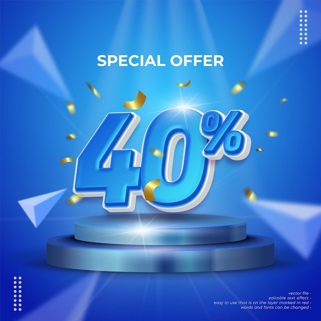 Vector 40 por ciento de descuento en composición creativa con efecto de texto editable de estilo 3D
