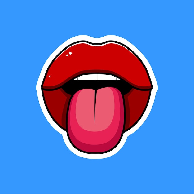 Vector Abra la boca con la lengua Pegatinas sobre un fondo azul