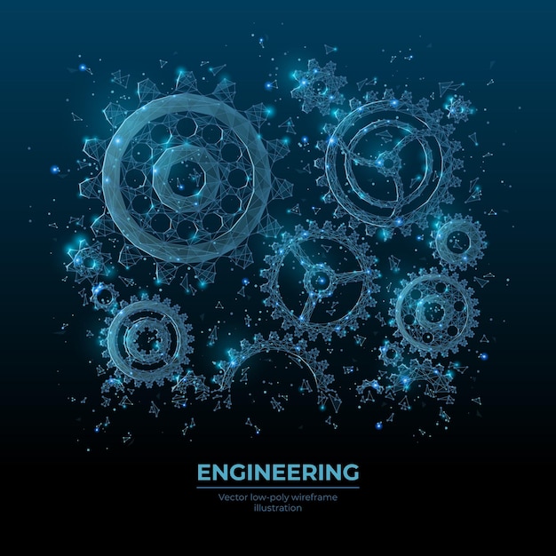 Vector abstracto 3d ruedas dentadas en azul oscuro Cogs y mecanismos de rueda dentada estructura alámbrica
