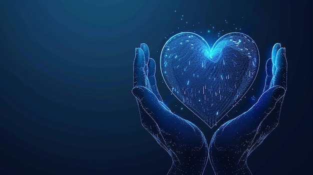 Vector abstracto vector 3d manos humanas sosteniendo o dando el símbolo del corazón en caridad azul oscuro