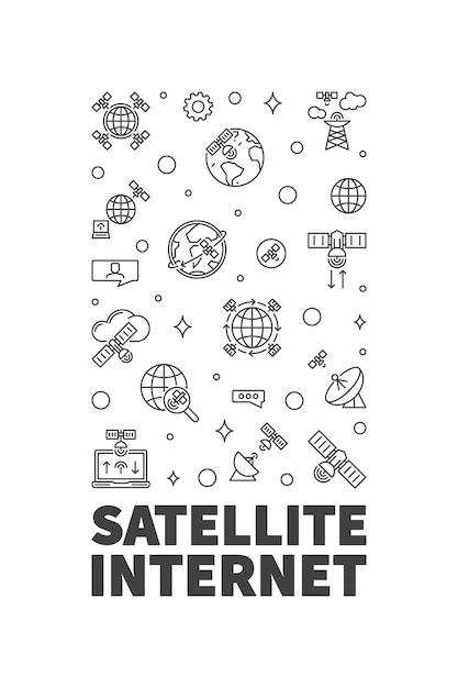 Vector de acceso a Internet por satélite de línea delgada mínima bandera vertical - Ilustración lineal del concepto de satélite inalámbrico