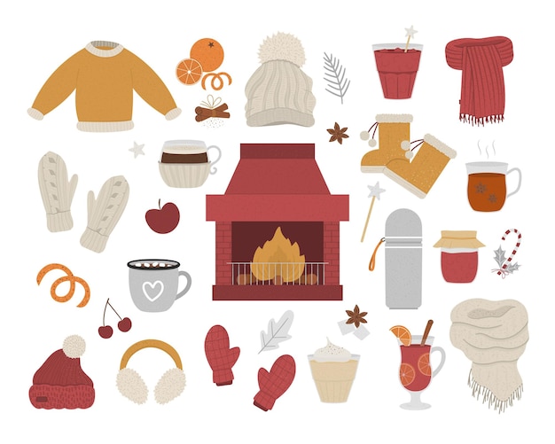 Vector acogedor invierno con chimenea y fuego en el centro. Ilustración de objetos de calentamiento. Artículos para la temporada de frío. Alimentos, bebidas, especias y ropa para calentar aislado sobre fondo blanco.