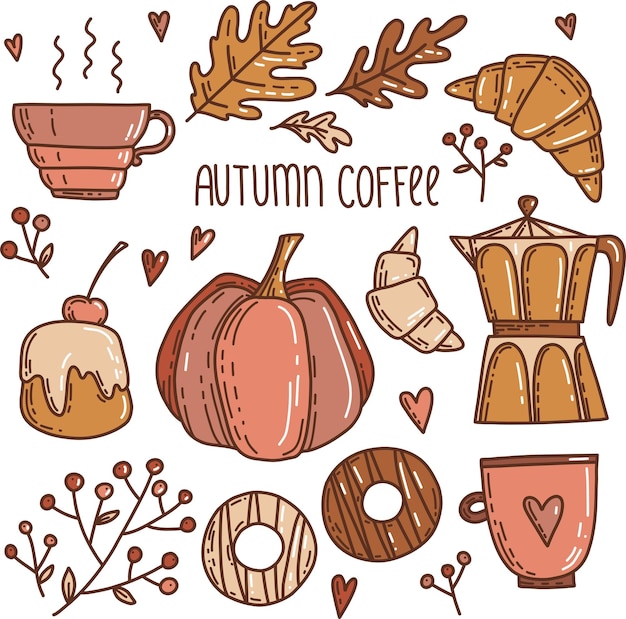 Vector acogedor juego de otoño con lindos pasteles de crema de calabaza de otoño bebida de chocolate caliente donuts de cafetera