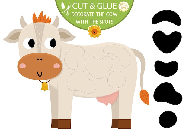 Vector en la actividad de cortar y pegar de la granja Juego de manualidades con un lindo animal de granja Divertida hoja de trabajo imprimible Encuentra la pieza correcta del rompecabezas Completa la imagen Decora la vaca con los puntosxA