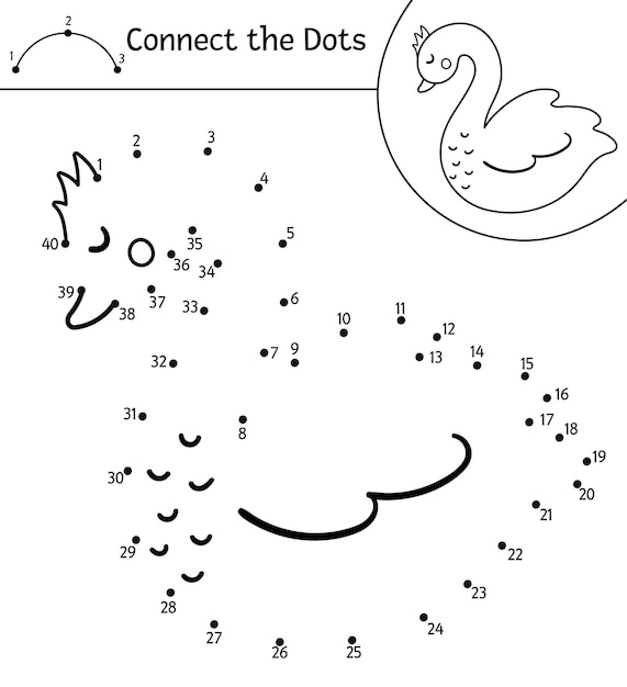 Vector de la actividad de punto a punto y color del día de San Valentín con lindo cisne. Vacaciones conectan el juego de puntos para niños con pájaro romántico. Página para colorear divertida para niños con animal adorable.