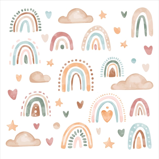 Vector vector acuarela conjunto de lindo arco iris boho, corazones y nubes