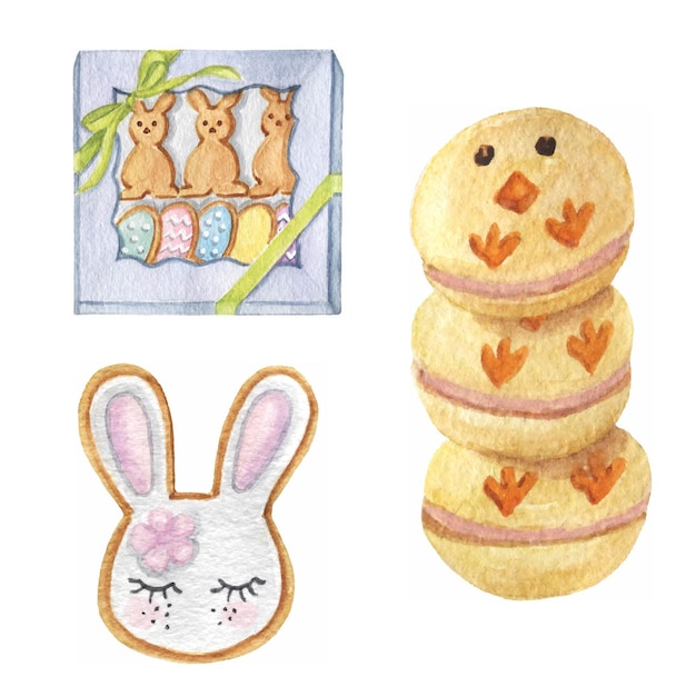 Vector acuarela elementos de Pascua dulces galletas y macarrones
