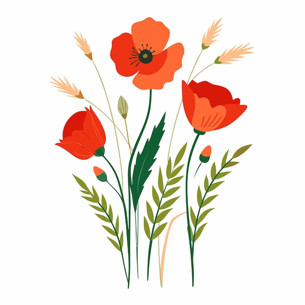 Vector de acuarela expresiva de amapolas rojas y hierbas silvestres Diseño floral orgánico fresco para la naturaleza