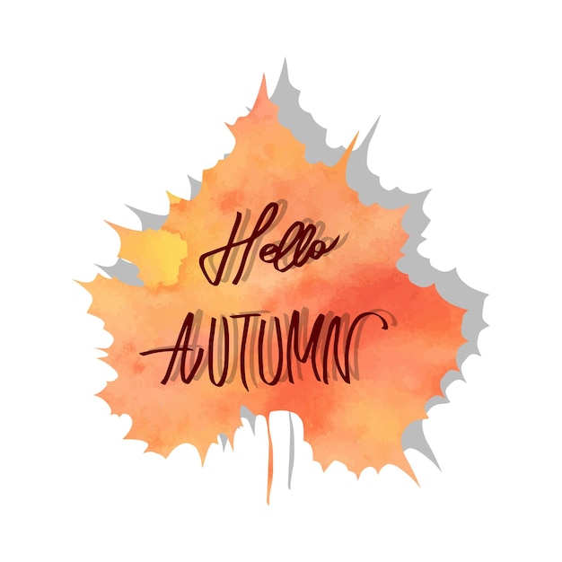 Vector acuarela hoja de otoño con letras hola fondo de otoño