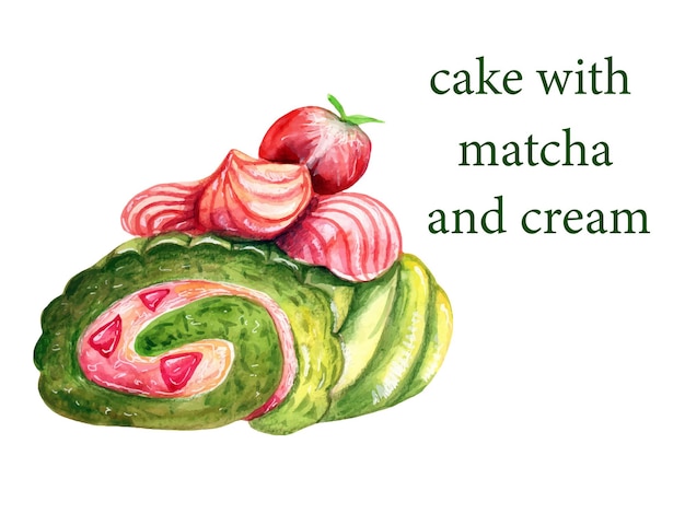 vector, acuarela, ilustración, de, alimento, matcha, pastel
