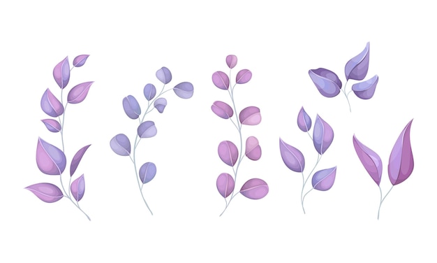 Vector acuarela ilustración floral conjunto ramas de hojas púrpuras colección decorativa