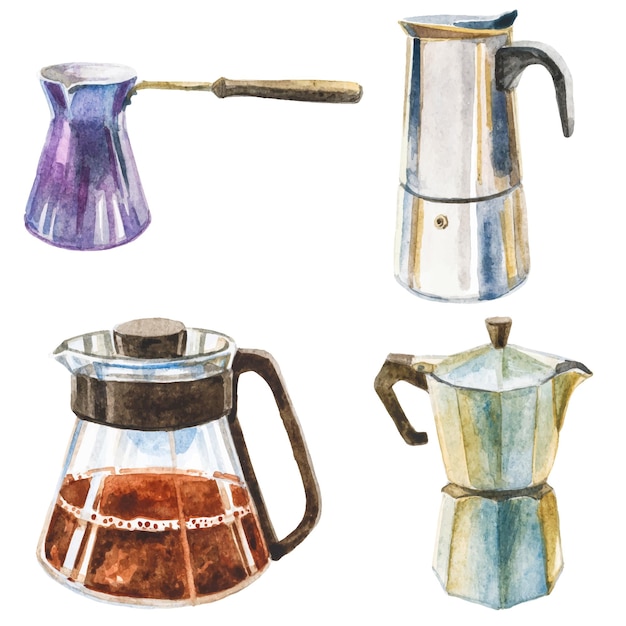 Vector acuarela pintada utensilios de café clipart Elementos dibujados a mano aislados sobre fondo blanco