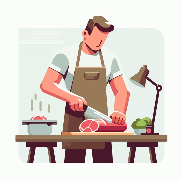 Vector adolescente cortando carne en el estilo de diseño plano