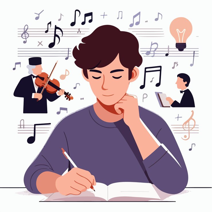 Vector vector de un adolescente escribiendo un artículo sobre música clásica con un diseño simple y minimalista