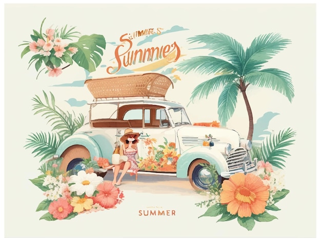 Vector Adventure vintage car sunset beach Palms Surf Board Summer Illustration fondo blanco