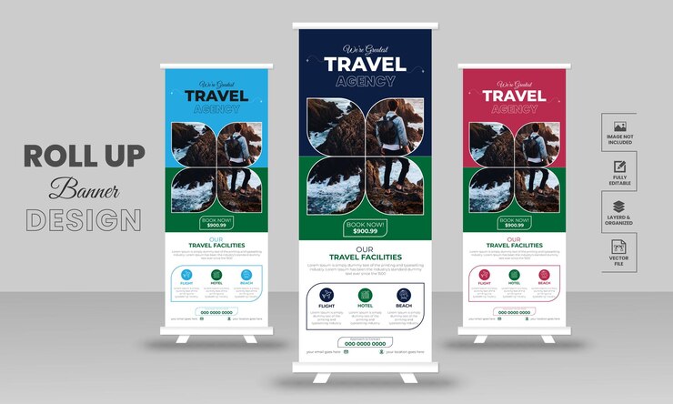 Vector agencia de viajes rodar banner o vacaciones en el nuevo mundo tirar de la plantilla de diseño de banner