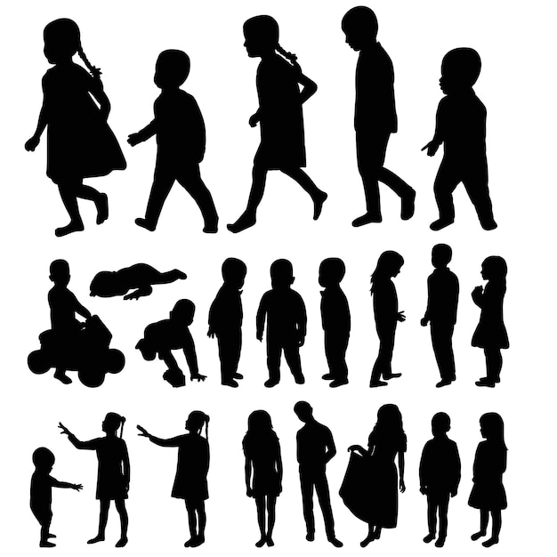 Vector, aislado, conjunto de siluetas de niños