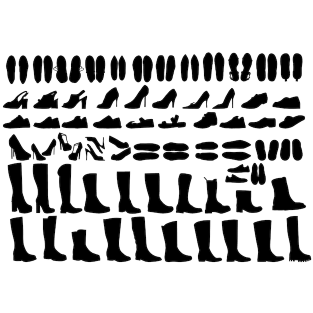 Vector aislado conjunto de zapatos de mujer botas conjunto de siluetas