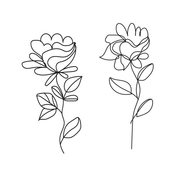 vector aislado rosa flor línea de arte doodle con hojas elemento