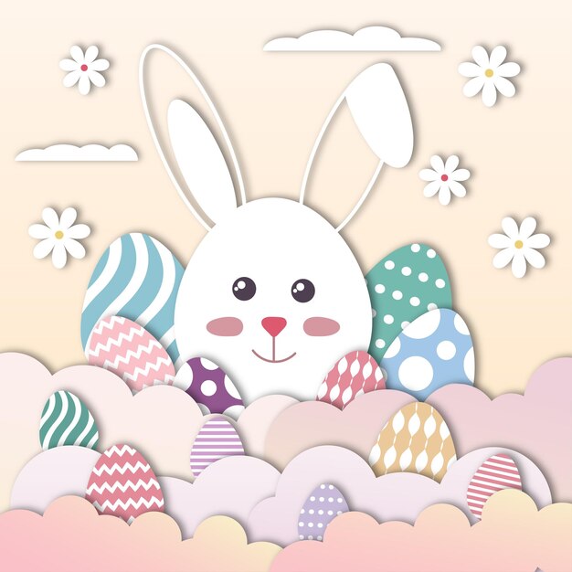 El vector aislado sonríe con el hocico de un conejo de Pascua blanco cortado en papel.