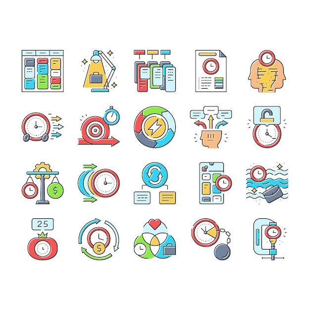 Vector de ajuste de los iconos de trabajo del reloj de gestión del tiempo
