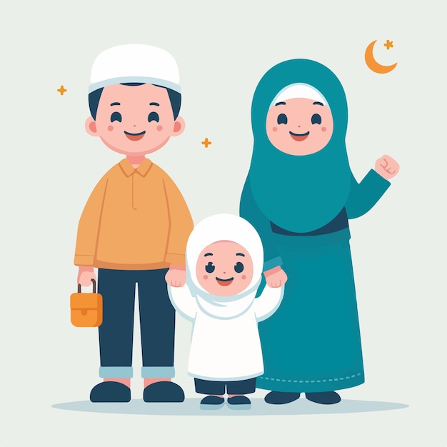 Vector de alegres personajes familiares musulmanes en un estilo de diseño plano simple y minimalista