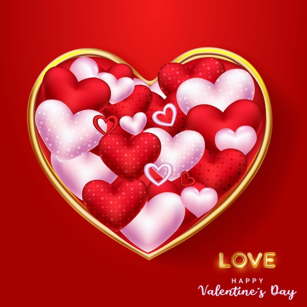 Vector de amor de oro feliz día de san valentín con fondo de corazón rojo y blanco