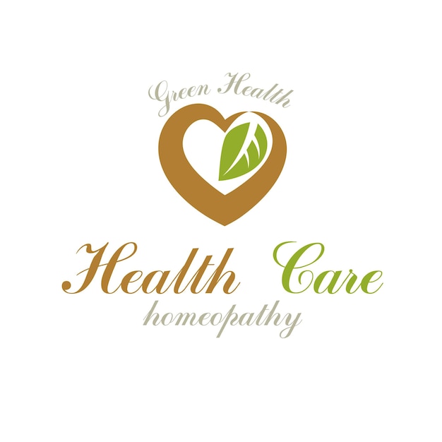 Vector amoroso corazón decorado con hojas verdes. El logotipo moderno abstracto del centro de bienestar se puede utilizar en la publicidad de temas médicos y sociales. Un corazón fuerte es buena salud.