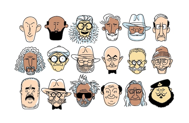 Vector anciano cara senior maduro edad diferente generación Personas adultas diversos personajes conjunto Anciano Colección de expresiones faciales artoon línea de boceto dibujado a mano Ilustración