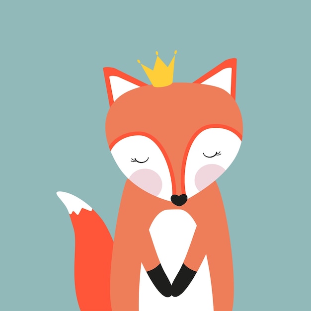 Vector vector animal cute baby fox chanterelle con una corona en la cabeza ideal para impresiones de carteles para la sala de juegos