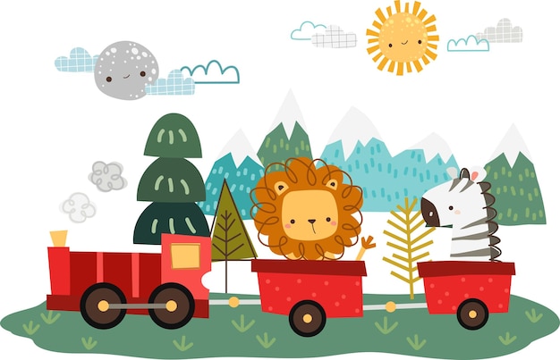 un vector de animales lindos montando un tren