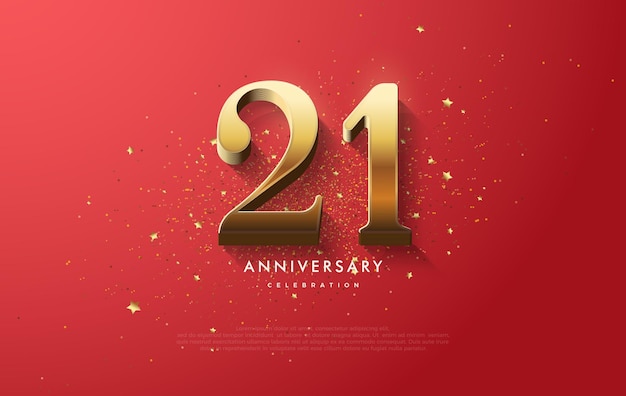 Vector de aniversario número 21 con números dorados únicos y lujosos con un fondo rojo y con decoración dorada reluciente
