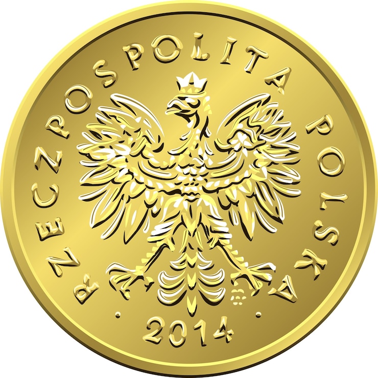 Vector vector anverso dinero polaco dos monedas de cobre groseras con águila en una corona dorada diseño antiguo