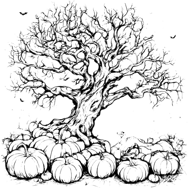 Vector de árbol aterrador de Halloween con dibujo de calabaza de Halloween aislado sobre fondo blanco Árbol de Halloween en estilo vintage e ilustración de vector de calabaza